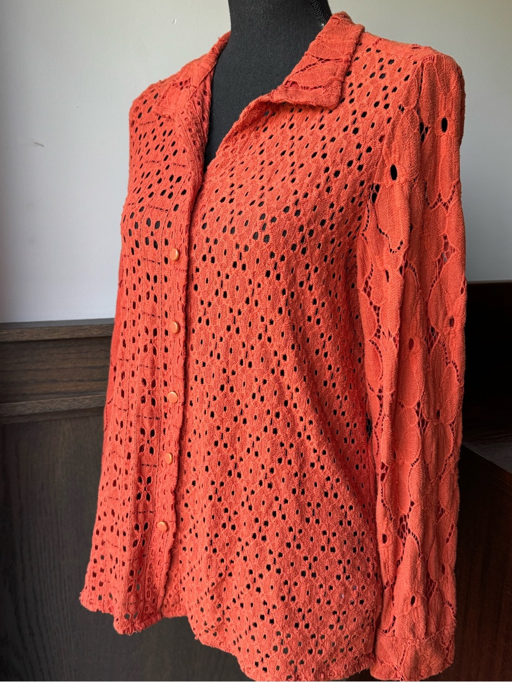 Nicole Miller Coral Openwork Button-Down Shirt - Picture 5 of 8